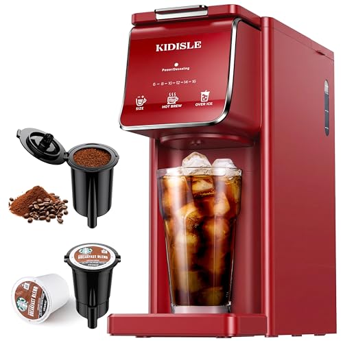 KIDISLE Single Serve Coffee Maker for K Cup & Ground Coffee – Hot & Iced, 6-16oz Sizes, 40oz Water Tank, Reusable Filter, Compact for Home Office Dorm, Red